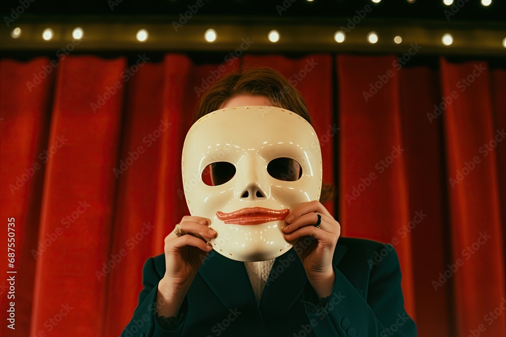 Role. A person wearing a suit closing hiding their face with a theatrical mask while staying on the theater stage. Red curtain. Absurdly big face mask. Drapes. Anonym. Theatre. Actor's dramatical mask