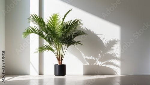 Monstera leaves, a beautiful tropical native with the freshness of natural leaves. The background wall has a sun shadow on a white copy space wall for displaying products. © DJSPIDA FOTO
