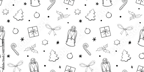 Vector seamless pattern of festive symbols - figures of Christmas trees, singing angels, candy canes, gift boxes in doodle style. Xmas background and texture