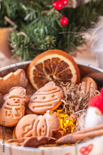 Christmas gingerbread cookies and decorations. Festive food  culinary  Christmas and New Year traditions concept