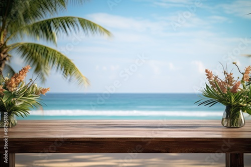 a wooden table with a tropical stage on it 