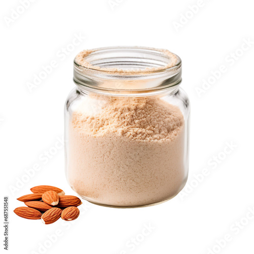 front view of Almond Flour in a jar isolated on a white transparent background 