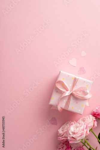 Sweet, romantic anniversary theme. Overhead vertical shot of gift box, bouquet of roses, heart shaped confetti. Pastel pink backdrop with space for text or promotion © ActionGP