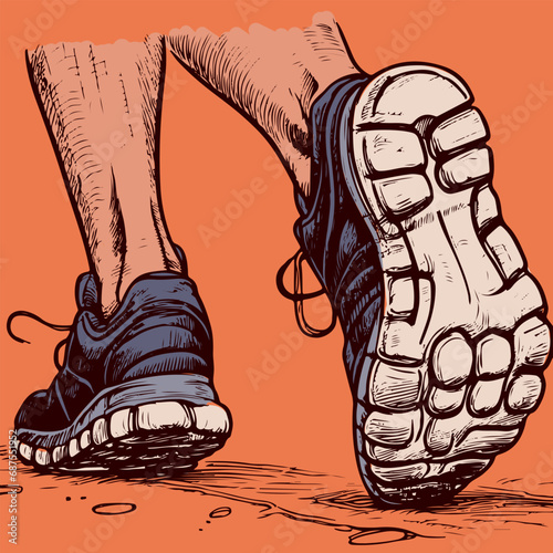 Closeup vector of two feet walking and doing physical activity. Vector of soles wearing sneakers jogging photo