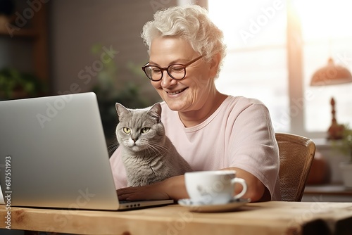 A modern grandmother together with a cute, pedigree cat are talking on a video call with loved ones on a laptop, sitting at a desk and in a cozy spacious room.