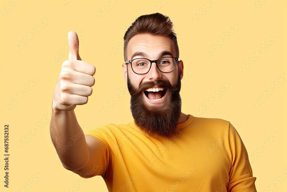 A young man with a long thick beard, surprised and smiling makes a like with his hand. A young man with a long thick beard, surprised and smiling makes a like with his hand.