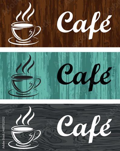 Conjunto de Artes de Café para Decoração. Desenho na forma retangular com texturas de madeira disponíveis nas cores marrom, verde e cinza.