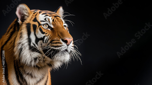 A tiger looks sharply focused at a target isolated on gray background