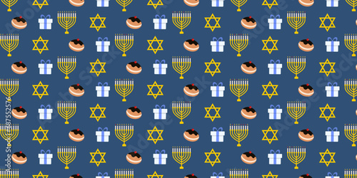 "Explore our Happy Hanukkah pattern, a warm Jewish holiday greeting featuring candles, gifts, cookies, a Star of David. Hanukkah pattern.