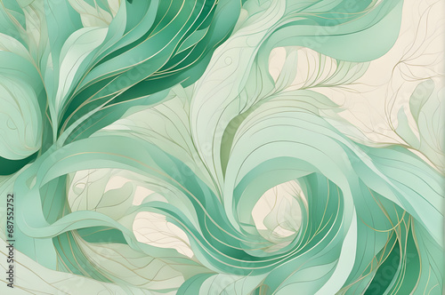 Abstract illustration features a pastel-colored background, predominantly green, with abstract patterns resembling gently rippling fabric in the wind.