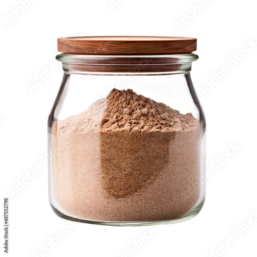 front view of Teff Flour in a jar isolated on a white transparent background 