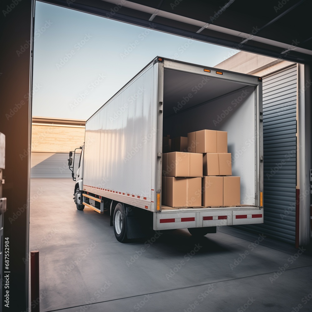 Cargo Loading, Open Delivery Truck Being Loaded with Boxes at the Warehouse, Generative AI Cargo Loading, Open Delivery Truck Being Loaded with Boxes at the Warehouse, Generative AI