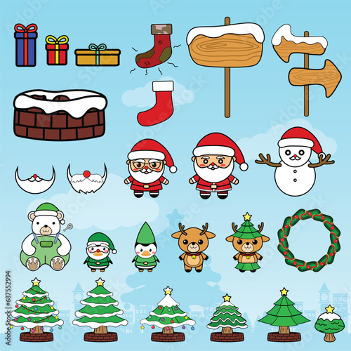 Vector set for decorating graphic works during the Christmas season, including Christmas trees, Santa, deer, gift boxes, signposts in a cute, childish style.