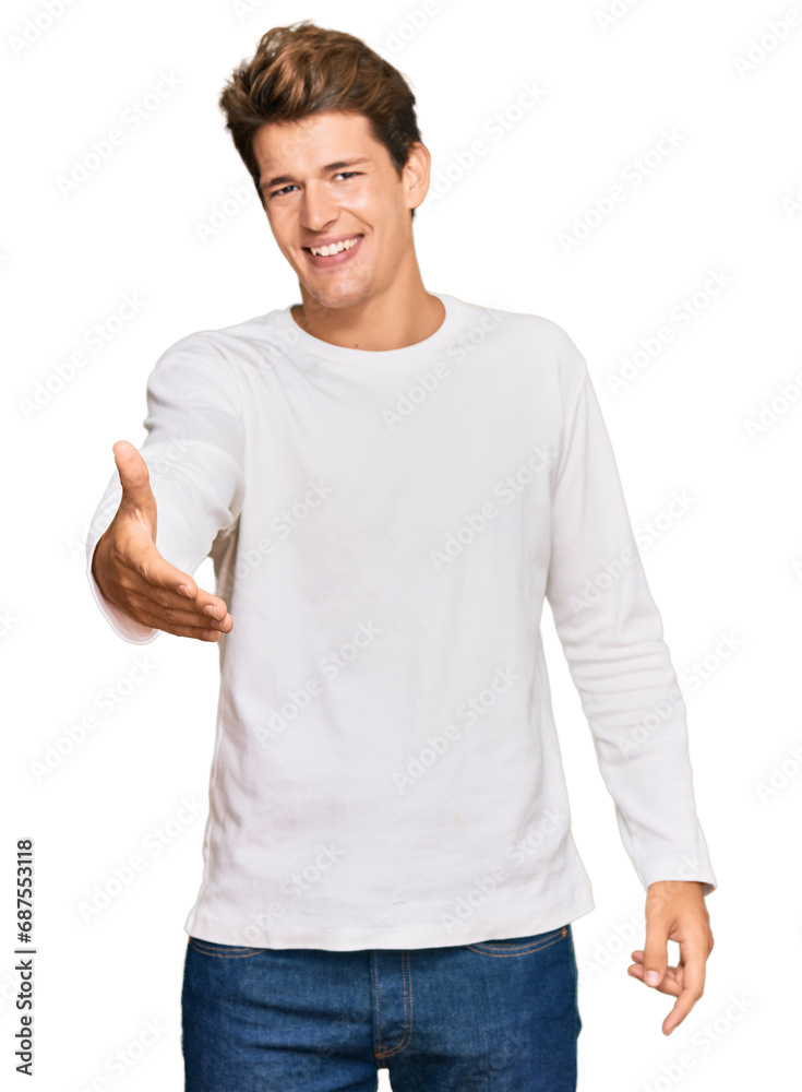 Handsome caucasian man wearing casual white sweater smiling cheerful offering palm hand giving assistance and acceptance.