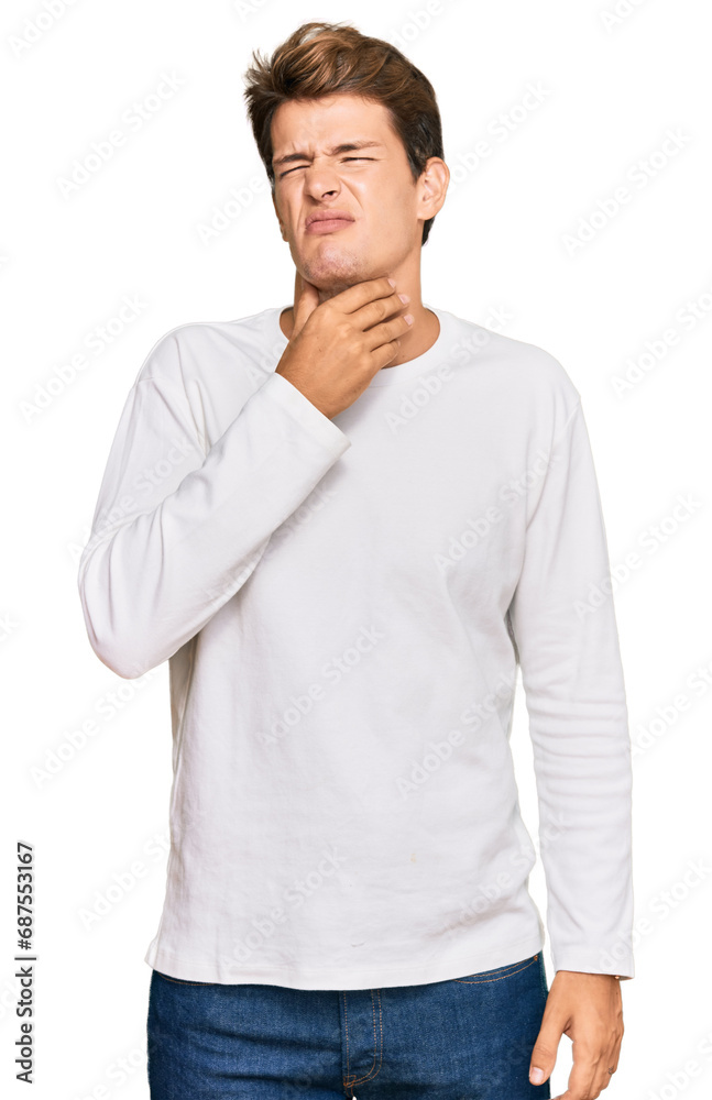 Handsome caucasian man wearing casual white sweater touching painful neck, sore throat for flu, clod and infection Handsome caucasian man wearing casual white sweater touching painful neck, sore throat for flu, clod and infection