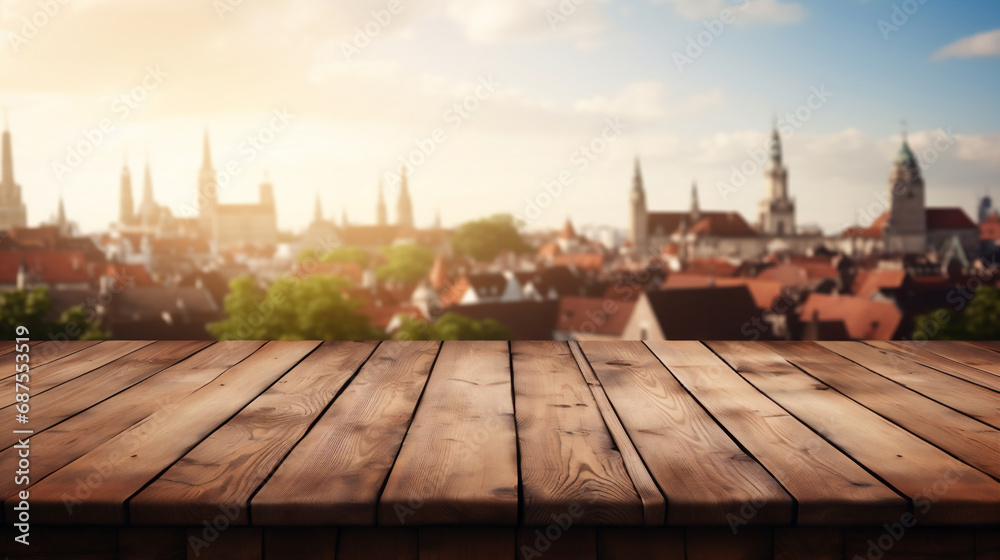 Empty wooden table top with Scandinavia village or traditional European town/city background. Bokeh style background. Stage for product design. Generative AI Empty wooden table top with Scandinavia village or traditional European town/city background. Bokeh style background. Stage for product design. Generative AI