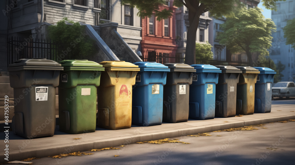 Row of recycling bins on a city street. Row of recycling bins on a city street.