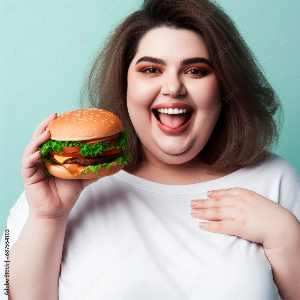 Severely obese woman holding a large burger isolated on color background, overweight problem theme. ai generative Severely obese woman holding a large burger isolated on color background, overweight problem theme. ai generative