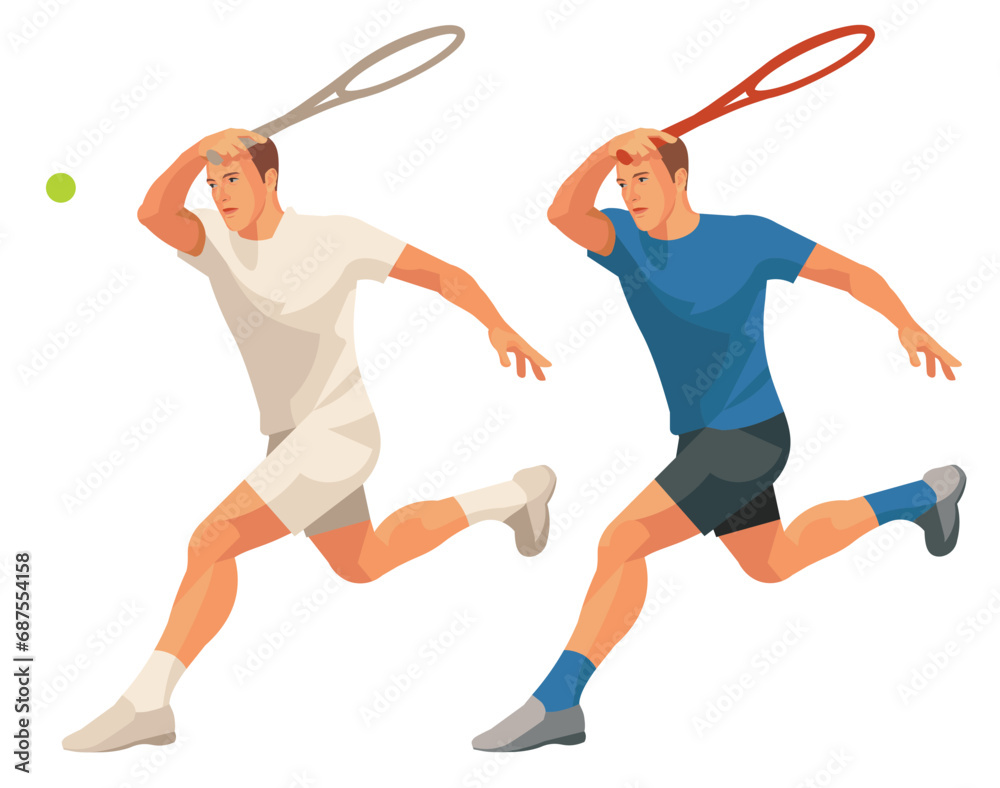 Two figures of a tennis player in casual and white sports uniform, who runs with a racket held high and receives the ball Two figures of a tennis player in casual and white sports uniform, who runs with a racket held high and receives the ball