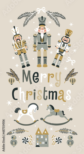 Merry Christmas Nutcrackers Vector banner on Light Background. Postcard. Childish rocking horses. New Year illustration.