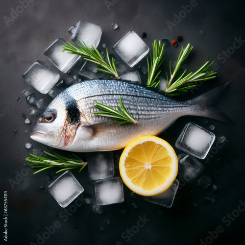 Single sea bream fish on ice cubes with a piece of lemon and rosemary on a dark background. ai generative