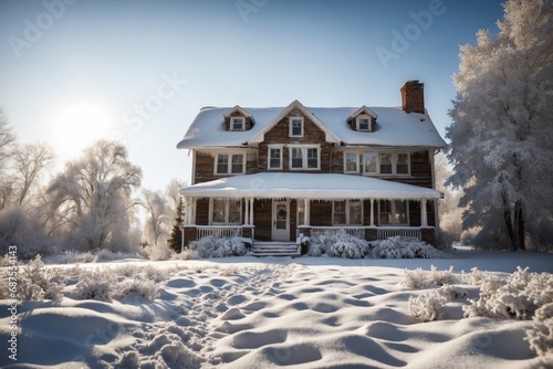 Snow covered American house in winter. ai generative © Igor