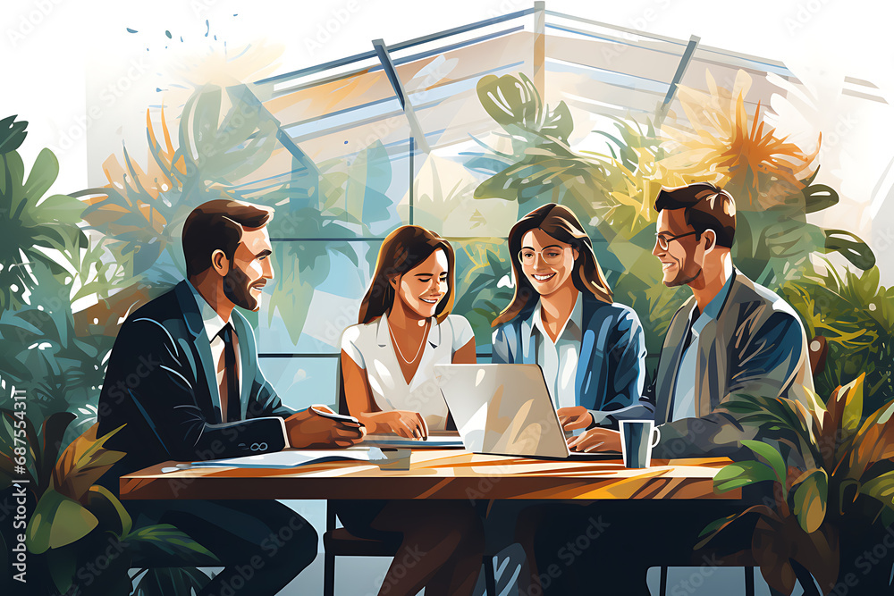 workers working at laptop in office and talking