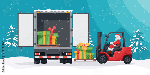 Santa Claus driving a forklift. Loading gifts to container truck. Christmas night landscape. Christmas campaign for cargo logistics and shipping of high demand merchandise for the Christmas season