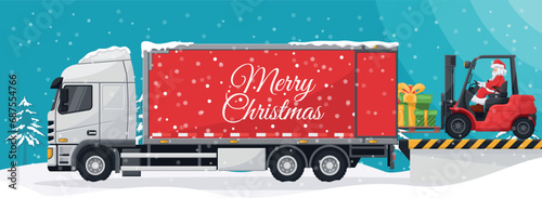 Santa Claus driving a forklift. Loading gifts to a container truck at the loading and unloading dock. Concept for cargo logistics and shipping of high demand merchandise for the Christmas season