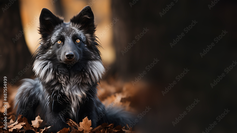 A portrait of a silver black fox in a forest