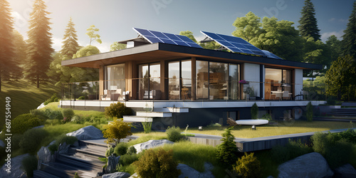 Minimalist home with sola  An environmentallyfriendly house equipped with solar panels for energy generation,A contemporary house with solar panels on the roof promoting sustainability generative ai

 photo
