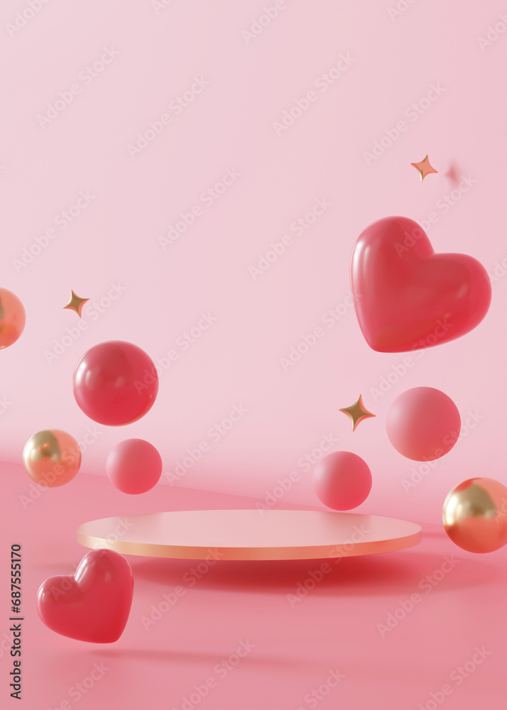 Flying podium with hearts, stars and bubbles. Valentine's Day, Mother's Day. Podium for product, cosmetic presentation. Mock up. Pedestal or platform for beauty products. Stage with copy space. 3D.
