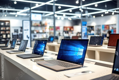 Laptops for sale on the counter in a computer store photo