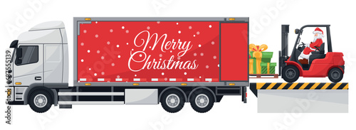 Santa Claus driving a forklift loading gifts to a container truck at the loading and unloading dock. Concept for cargo logistics and shipping of high demand merchandise for the Christmas season