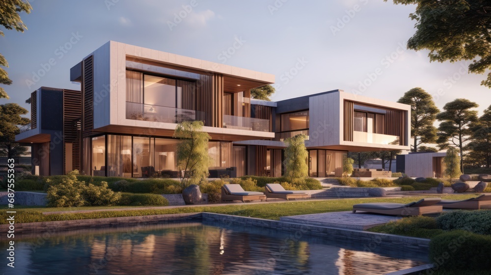 Fototapeta premium 3d rendering of modern house by the river at morning, house, luxury, villa, modern, architecture, building, exterior, residential, property, designer
