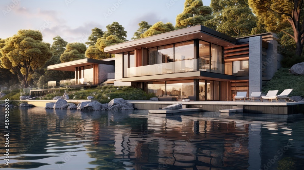 3d rendering of modern house by the river at morning, house, luxury, villa, modern, architecture, building, exterior, residential, property, designer