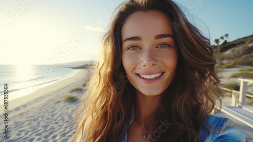 closeup shot of a good looking female tourist. Enjoy free time outdoors near the sea on the beach. Looking at the camera while relaxing on a clear day Poses for travel selfies smiling happy tropical #687555504