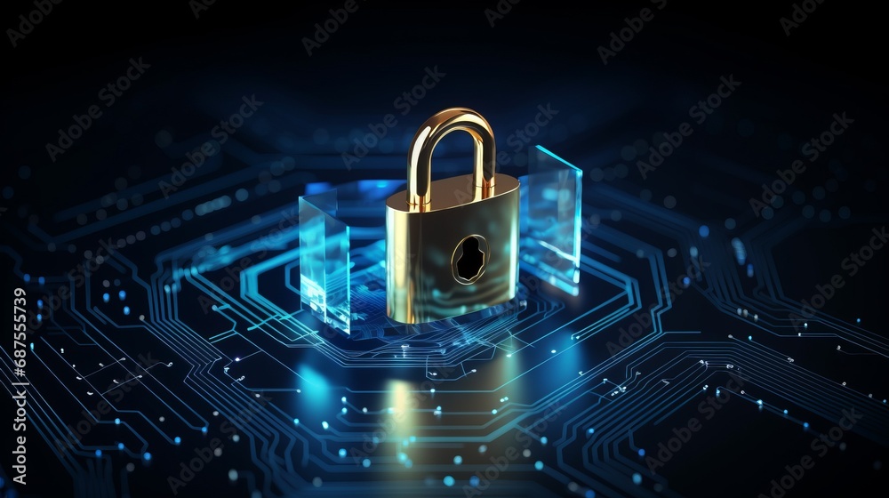 Digital padlock for computing system on dark blue background, cyber security technology Digital padlock for computing system on dark blue background, cyber security technology