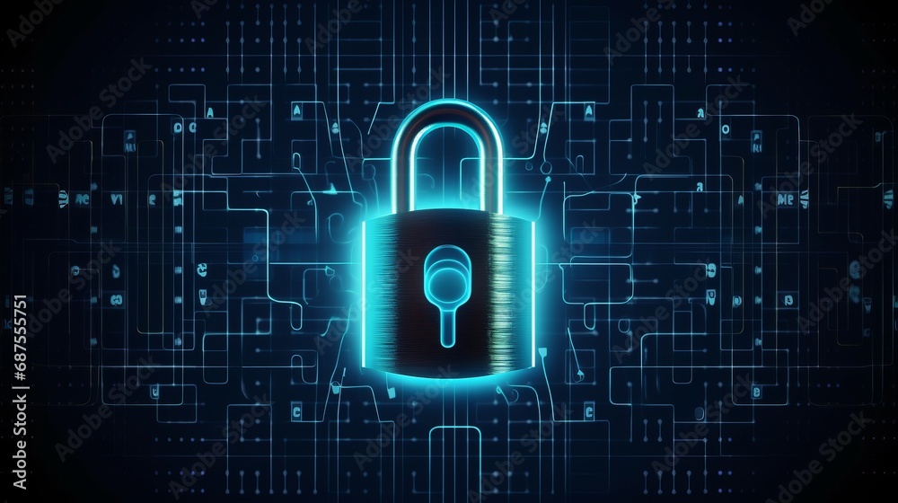 Digital padlock for computing system on dark blue background, cyber security technology Digital padlock for computing system on dark blue background, cyber security technology