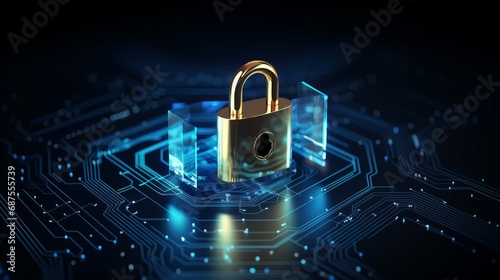 Digital padlock for computing system on dark blue background, cyber security technology 