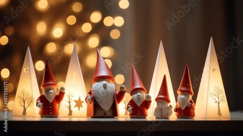 christmas gnomes on mantel, in the style of light installations © Tom