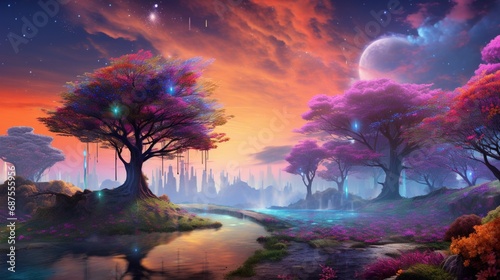a surreal fantasy landscape where rainbow-colored trees reach towards a surreal, lavender-hued sky. © Khan