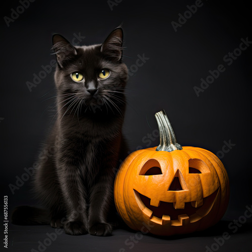 Halloween black cat sitting next to a jack-o-lantern on dark background with copy space 