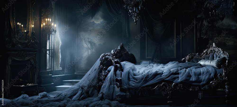 Haunted rococo style bedroom with moody lighting banner 