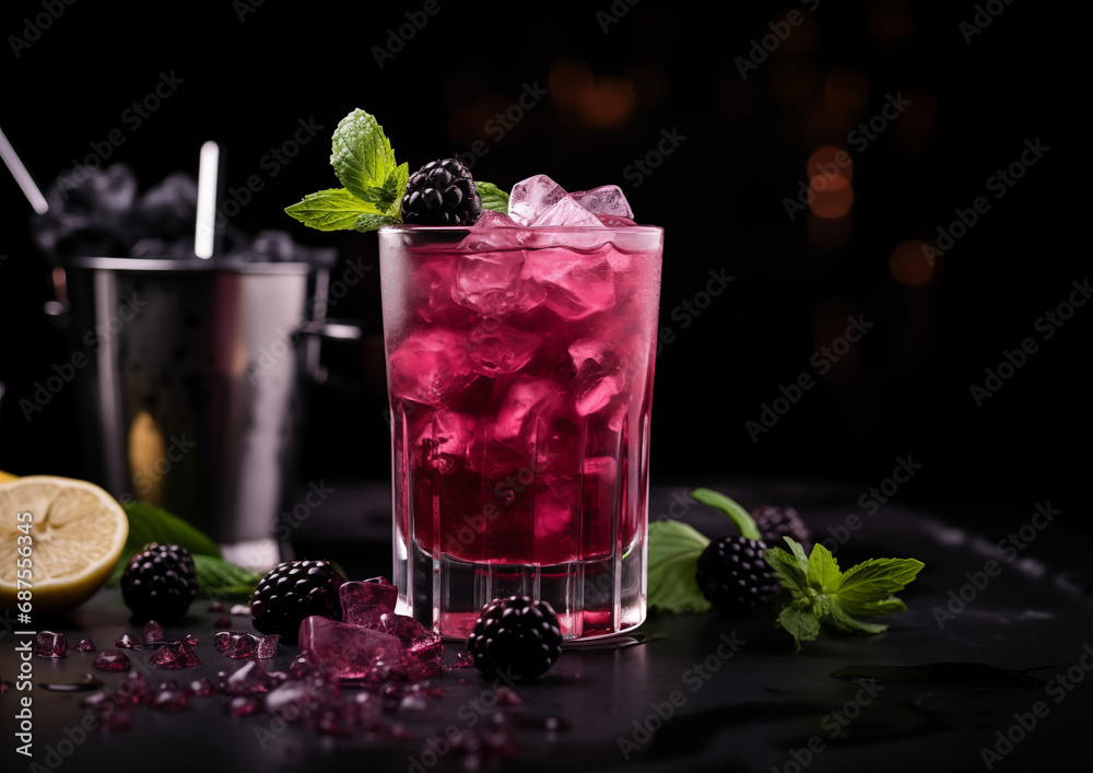 A Blackberry Basil Smash, rich in hues, spotlighted at the center of a black marble surface.