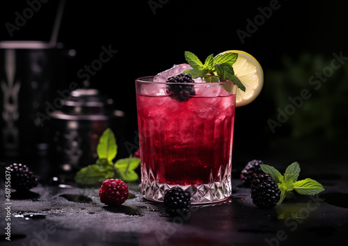 A Blackberry Basil Smash, rich in hues, spotlighted at the center of a black marble surface.