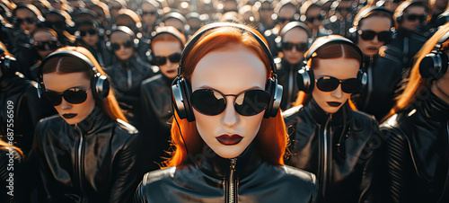 Heterogenous group of people with black with black sunglasses and earphones 