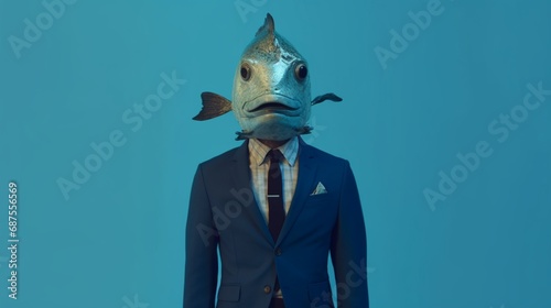 human body whith fish head wearing suit blue background.Generative AI