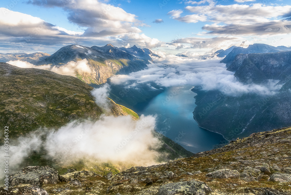 Landscape with beautiful Norway fjord Eikesdalen, morning, view from bird's eye.