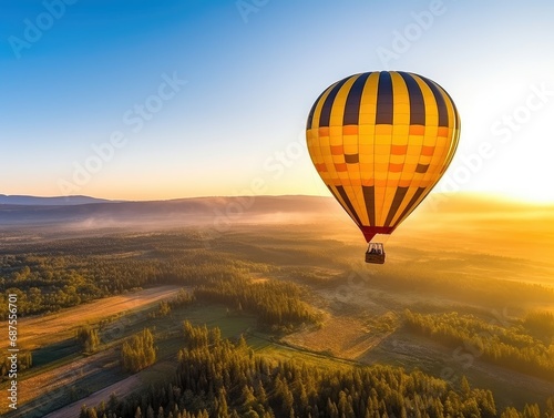 A hot air balloon floats above the ground in front of a blue sky background